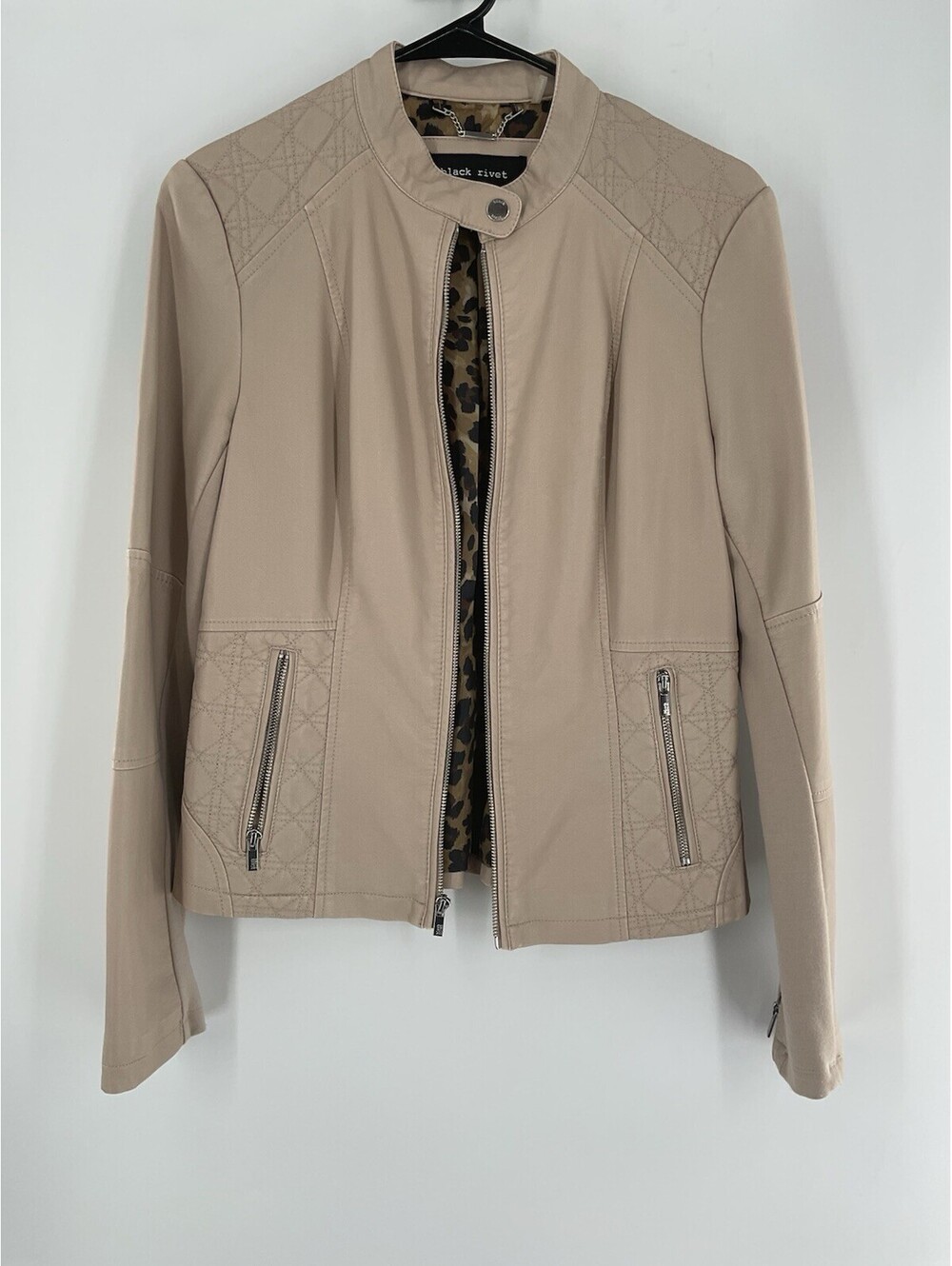 Black Rivet Women’s Size Small Faux Leather Jacket Beige Full Zip 135